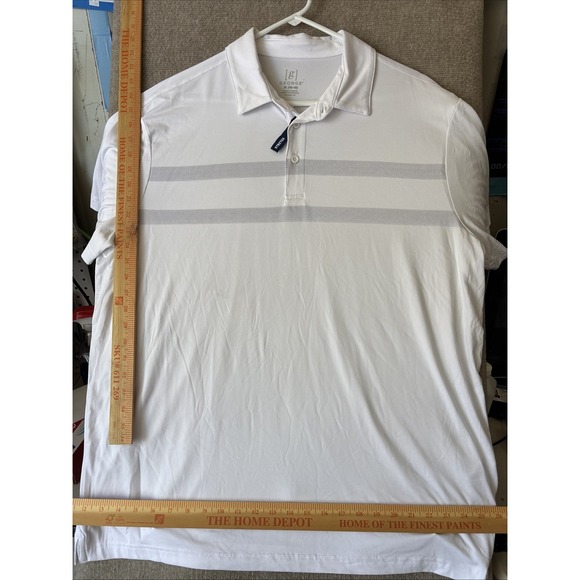 Men Polo Shirt XL 46-48 Black  White Dot Stripe Stretch Collar Button ShSleeve - Picture 1 of 10